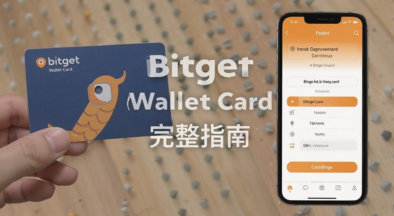 Bitget Wallet Card实体卡面展示与手机App申请界面同框,画面中央标注Bitget Wallet Card完整指南核心关键词