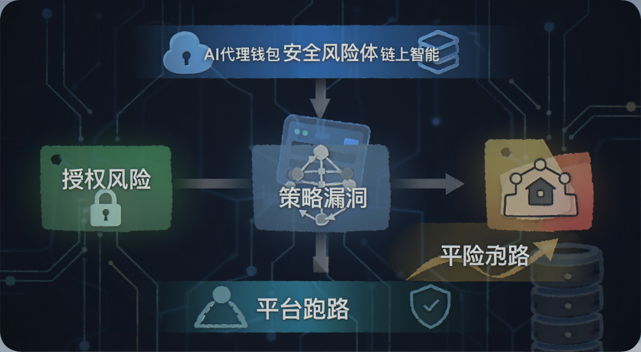 AI代理钱包 安全风险 链上智能体 风险示意图,图中标注“授权风险”“策略漏洞”“平台跑路”等文字