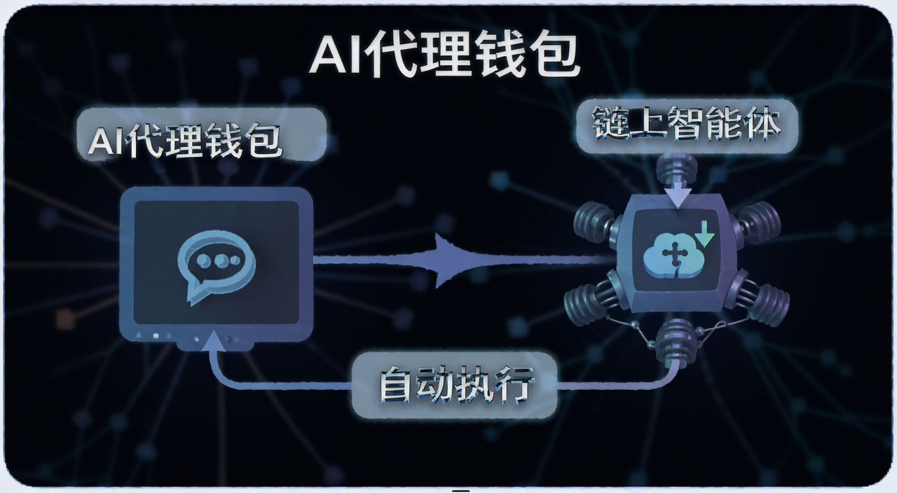 什么是AI代理钱包 加密货币如何为链上智能体重新设计 概念示意图,图中标注“AI代理钱包”“链上智能体”“自动执行”等文字