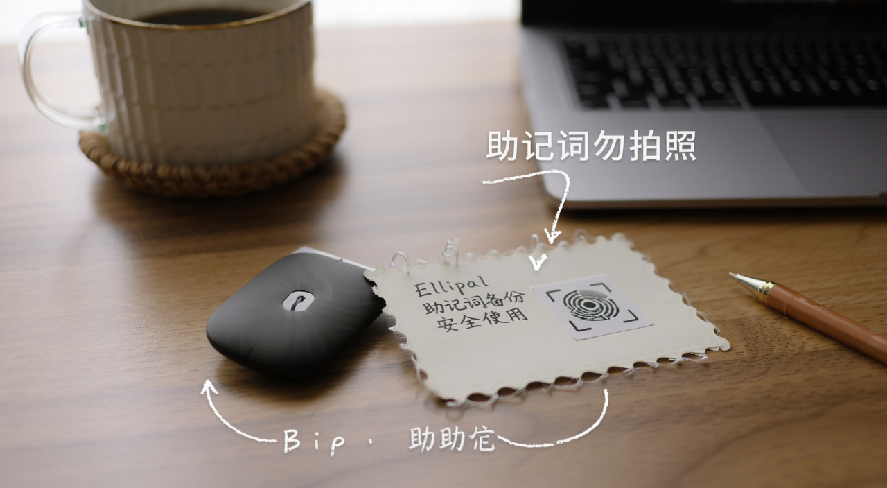 Ellipal钱包 助记词备份 安全使用 手抄纸卡 桌面场景 文字标注“助记词勿拍照”