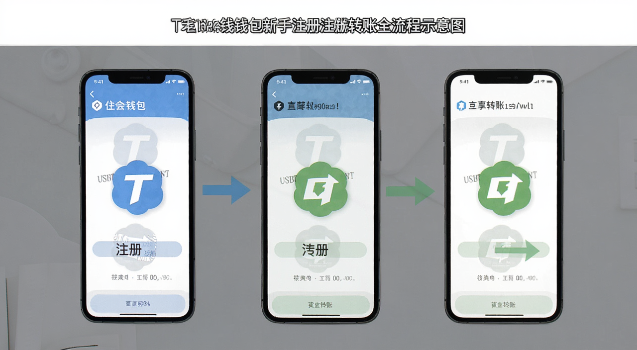 Tether钱包新手注册转账全流程示意图,图中包含手机界面和USDT图标,标注什么是Tether钱包、注册、转账三个核心步骤