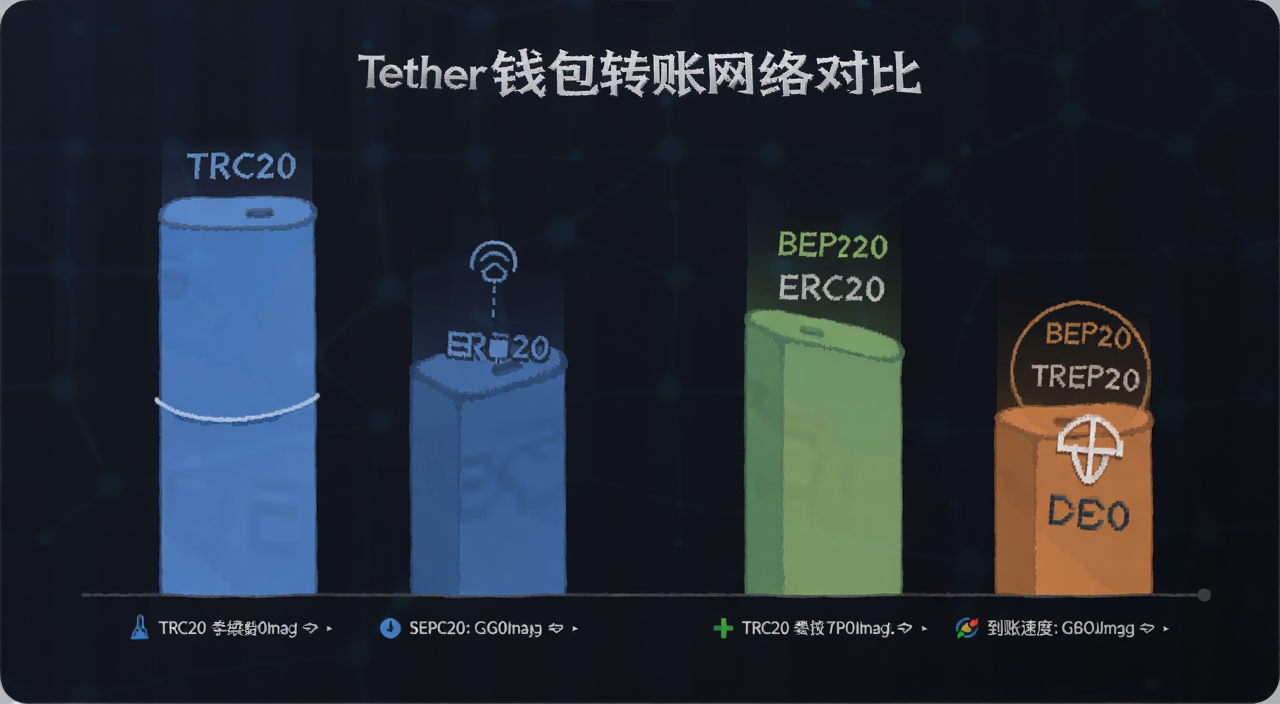 Tether钱包转账网络对比图,标注TRC20、ERC20、BEP20等网络的手续费和到账速度差异