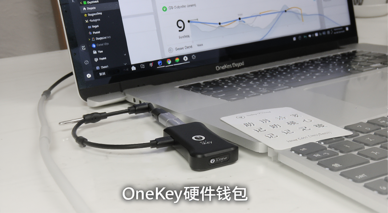 OneKey硬件钱包实物展示图,画面中一台黑色小巧的硬件钱包连接着电脑,屏幕上显示数字货币资产界面,旁边放着助记词卡片,标注“OneKey硬件钱包”文字