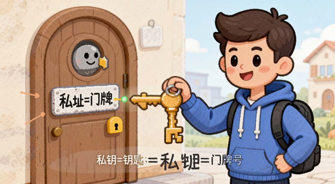 区块链钱包地址和私钥关系示意图,一个卡通人物拿着钥匙对应门牌号,文字标注“私钥=钥匙 地址=门牌号”