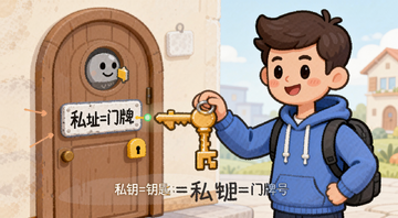 区块链钱包地址和私钥关系示意图,一个卡通人物拿着钥匙对应门牌号,文字标注“私钥=钥匙 地址=门牌号”
