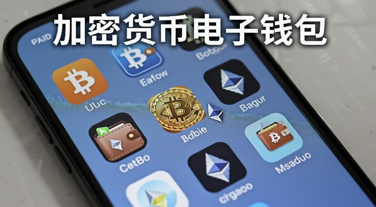 加密货币电子钱包是什么有哪些安全吗 手机屏幕上显示多个数字货币钱包图标和比特币以太坊标志,文字注明加密货币电子钱包