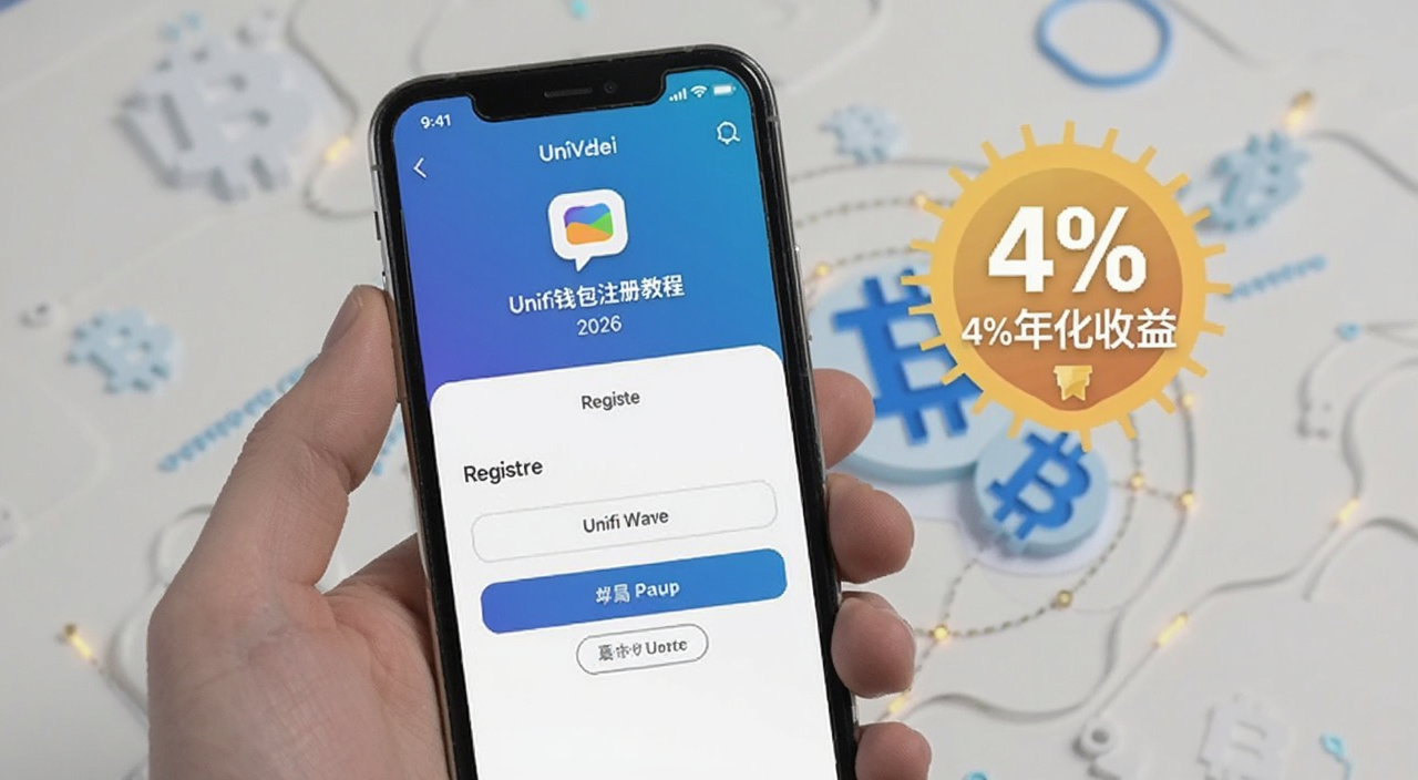 Unifi钱包注册教程2026获得4%年化收益流程,手机屏幕上显示Unifi钱包App注册界面和4%年化收益标识,背景是简洁的加密货币风格
