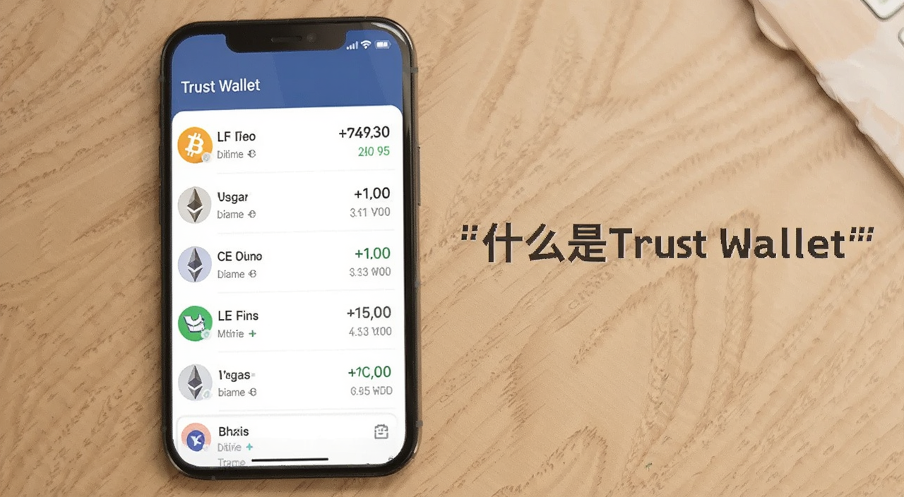 Trust Wallet钱包界面展示图,手机屏幕上显示多种数字货币资产列表,包含比特币以太坊等图标,旁边有