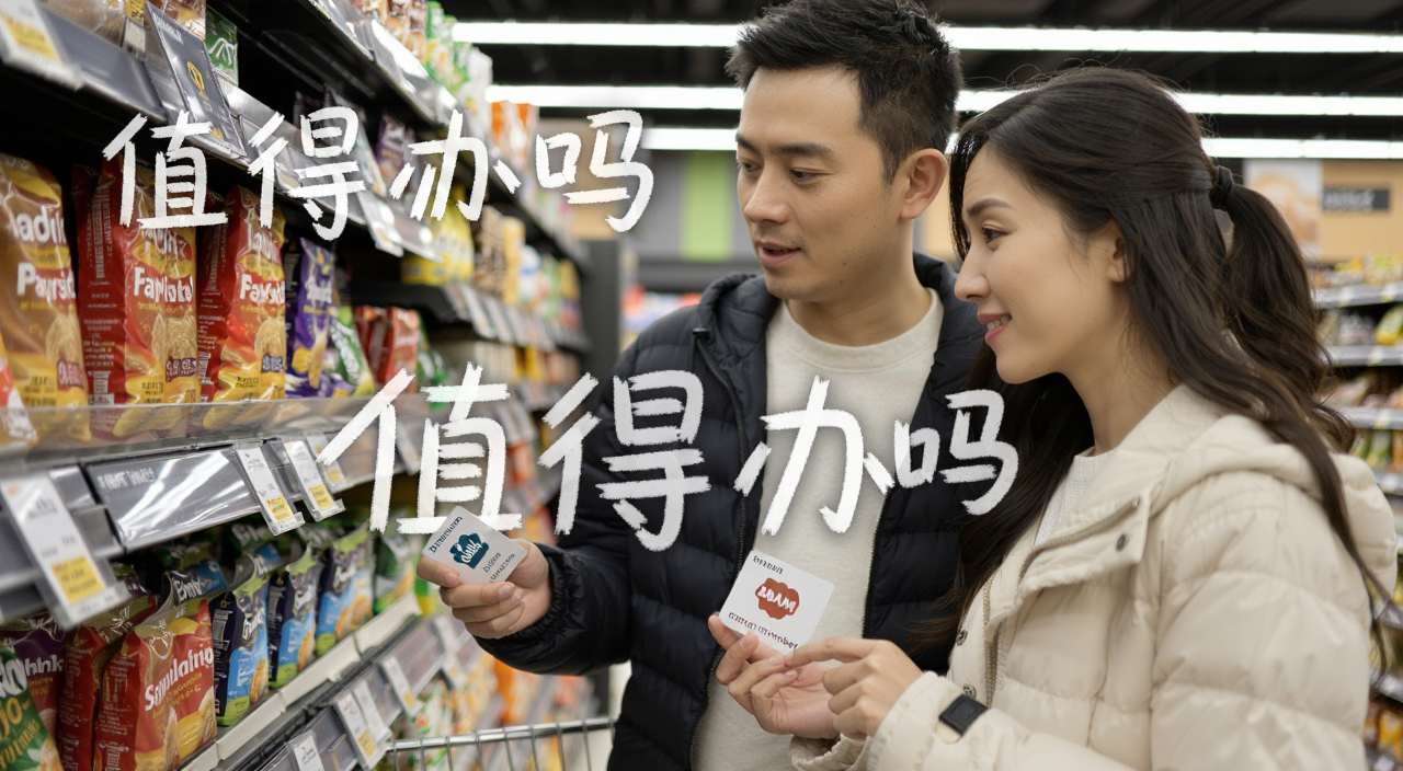超市货架前一对夫妻拿着山姆会员卡犹豫要不要办卡,画面带