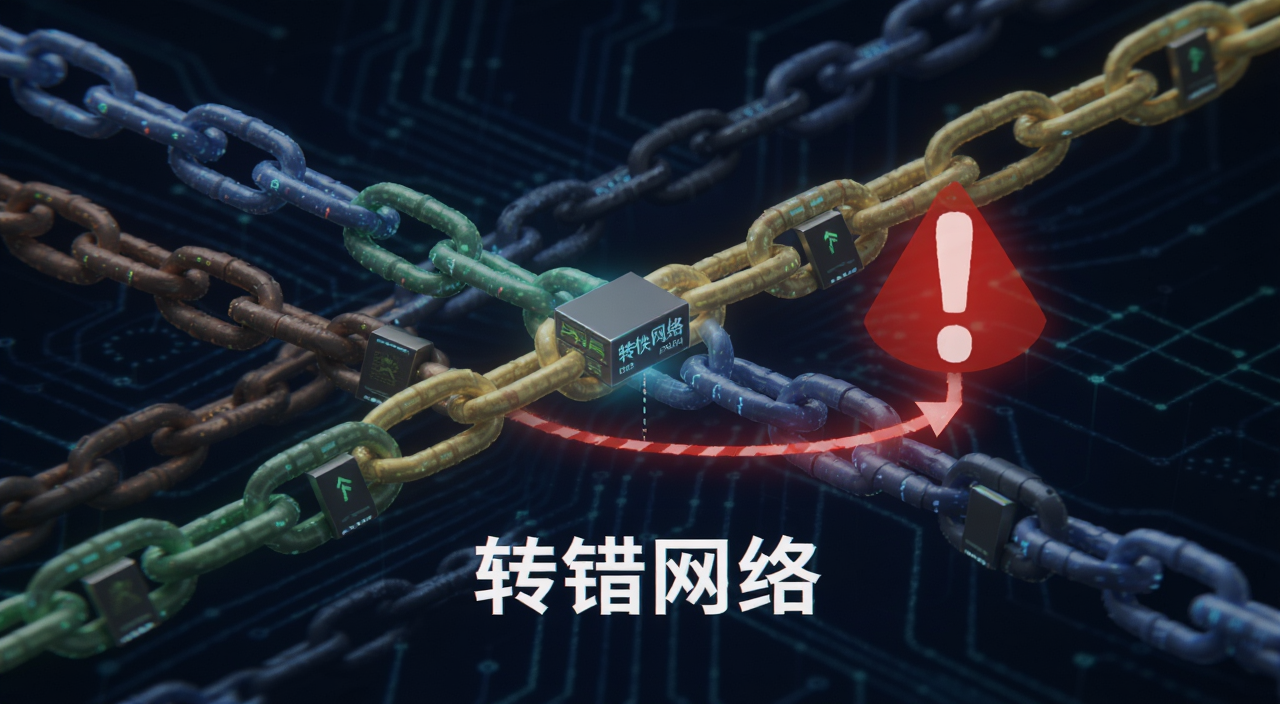 区块链转账转错网络示意图,画面中有多条链交叉,一个红色感叹号标记错误转账路径,文字注明“转错网络”