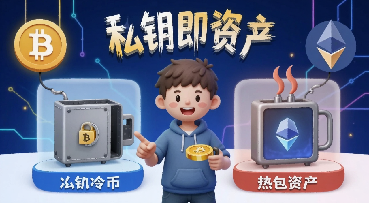 加密货币钱包新手安全储币冷热钱包选择指南插画,画面中有一个卡通新手面对冷钱包和热钱包两个选项,背景有比特币和以太坊图标,文字标注“私钥即资产”
