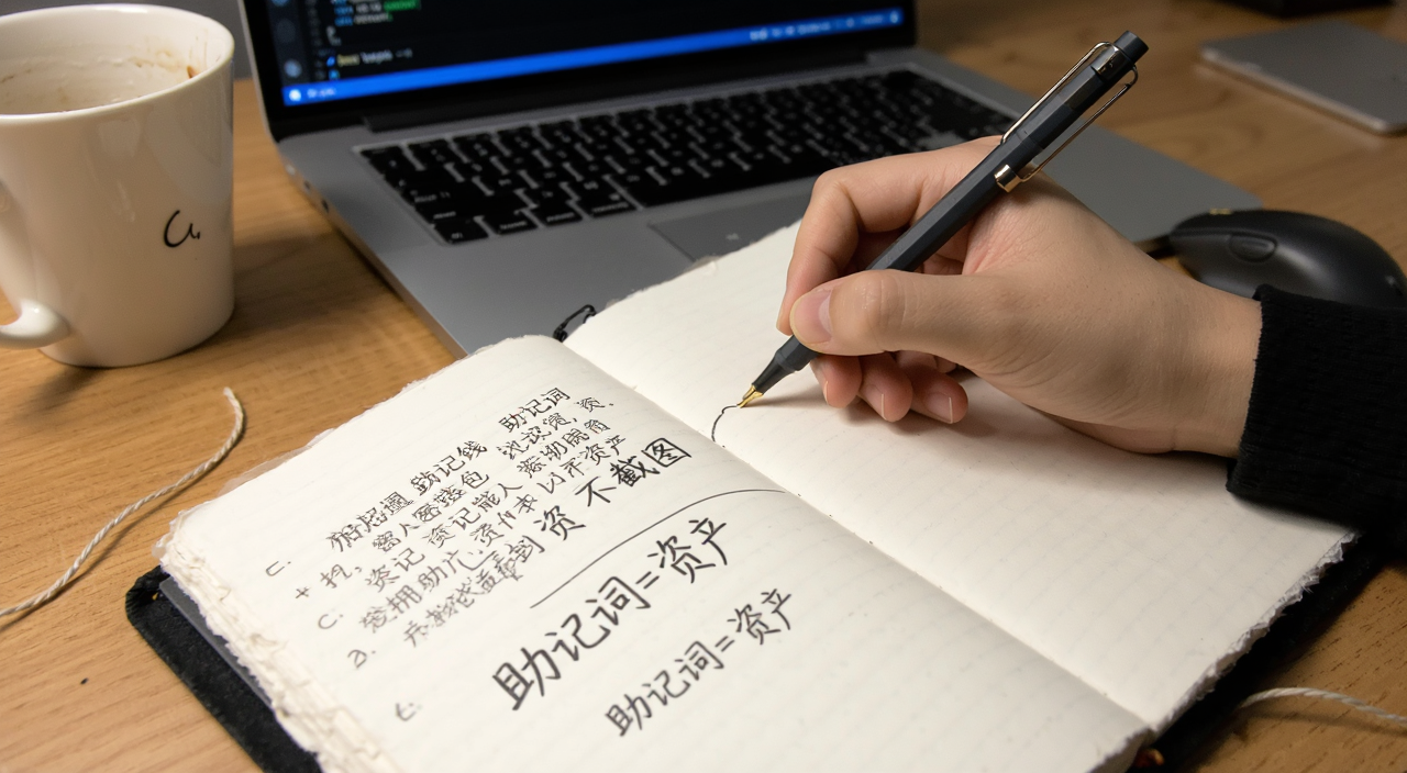新手抄写加密货币钱包助记词的场景,强调手抄不截图,文字标注“助记词=资产”