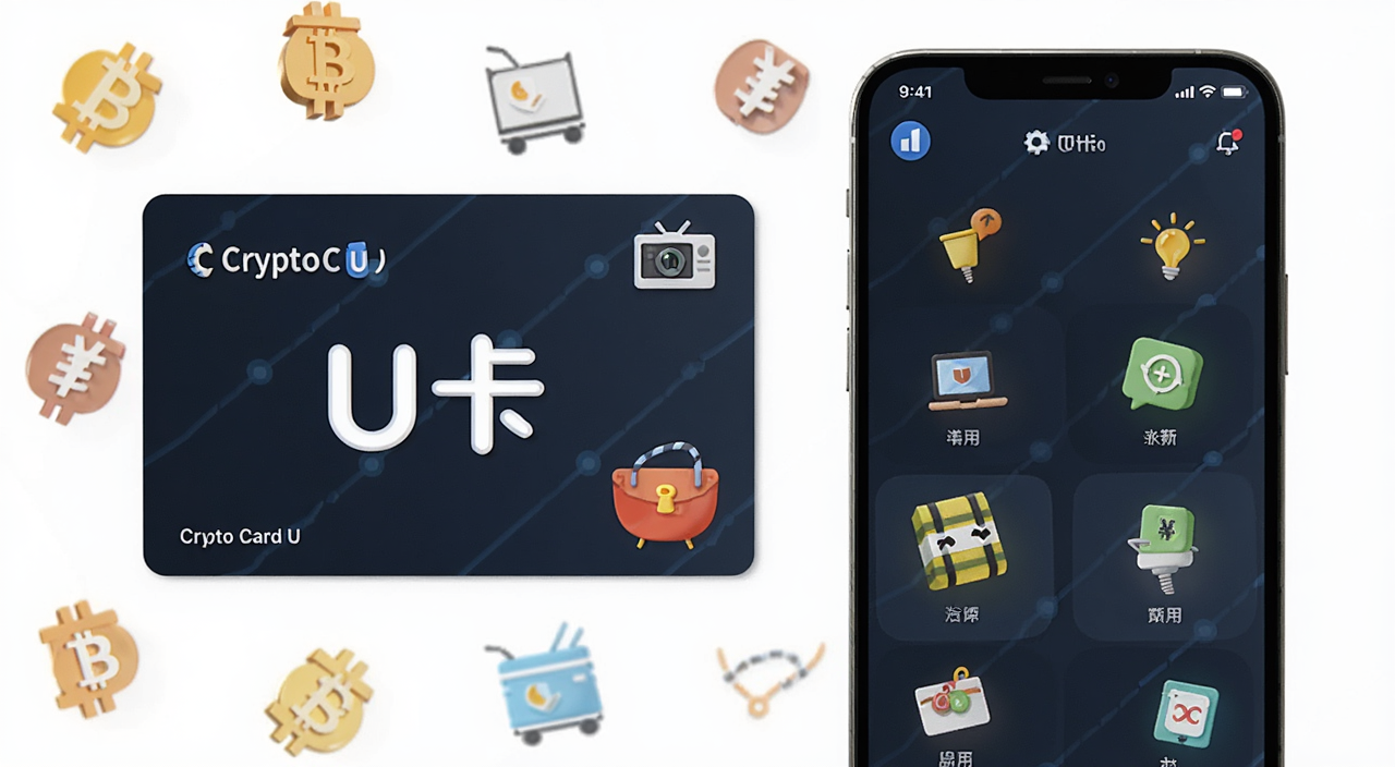 一张展示Crypto Card U卡的实物卡片与手机App界面的合成图,卡片上印有“U卡”字样,背景是数字货币符号与日常消费图标,画面风格简洁科技感