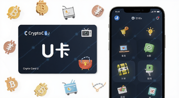 一张展示Crypto Card U卡的实物卡片与手机App界面的合成图,卡片上印有“U卡”字样,背景是数字货币符号与日常消费图标,画面风格简洁科技感