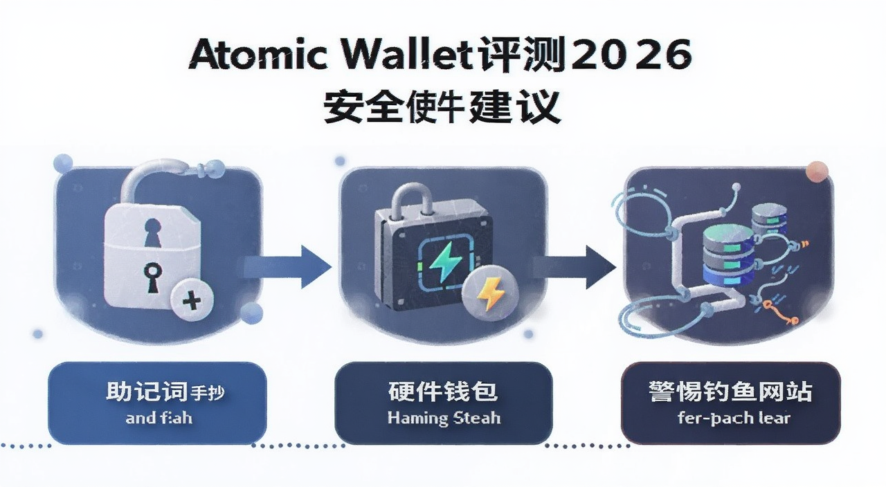 Atomic Wallet评测2026年安全使用建议示意图,包含助记词手抄、硬件钱包和警惕钓鱼网站文字提示