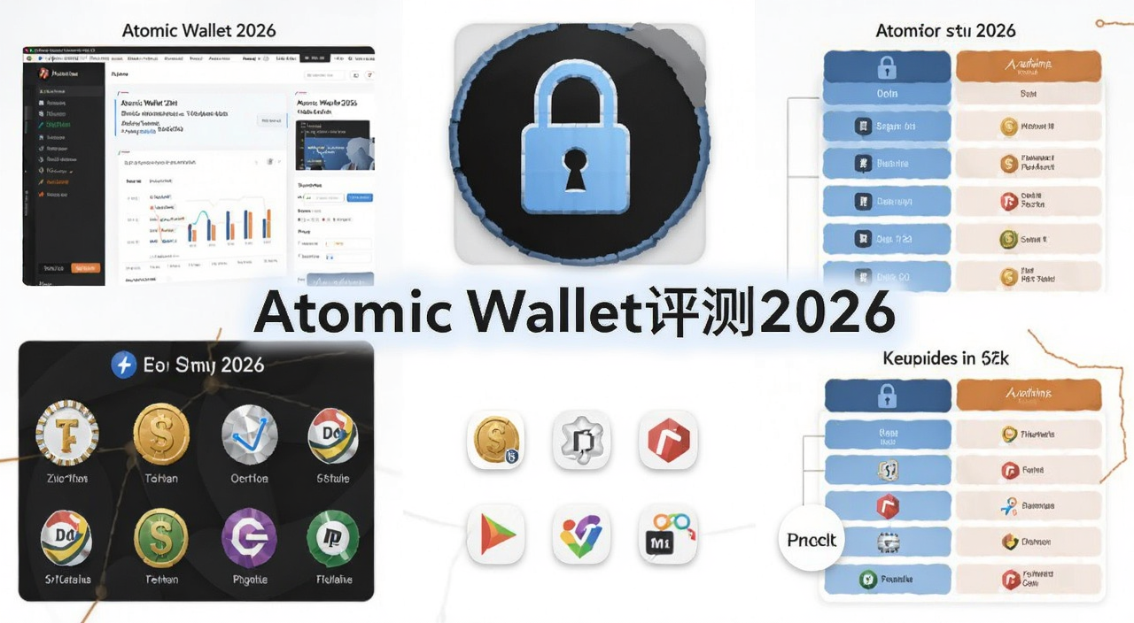 Atomic Wallet评测2026年安全性功能与替代方案全景图,包含Atomic Wallet界面截图、安全锁图标、多链币种图标和替代钱包对比示意,图片中央用文字标注“Atomic Wallet评测2026”