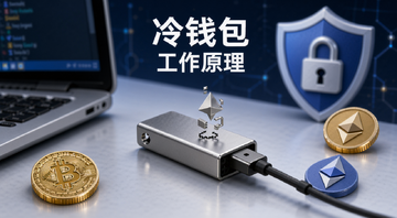 冷钱包概念示意图,画面中央是一个金属U盘样式的硬件设备连接着电脑但中间有断开符号,旁边散落着比特币和以太坊图标,背景是盾牌和锁的图案,文字标注“冷钱包 工作原理”