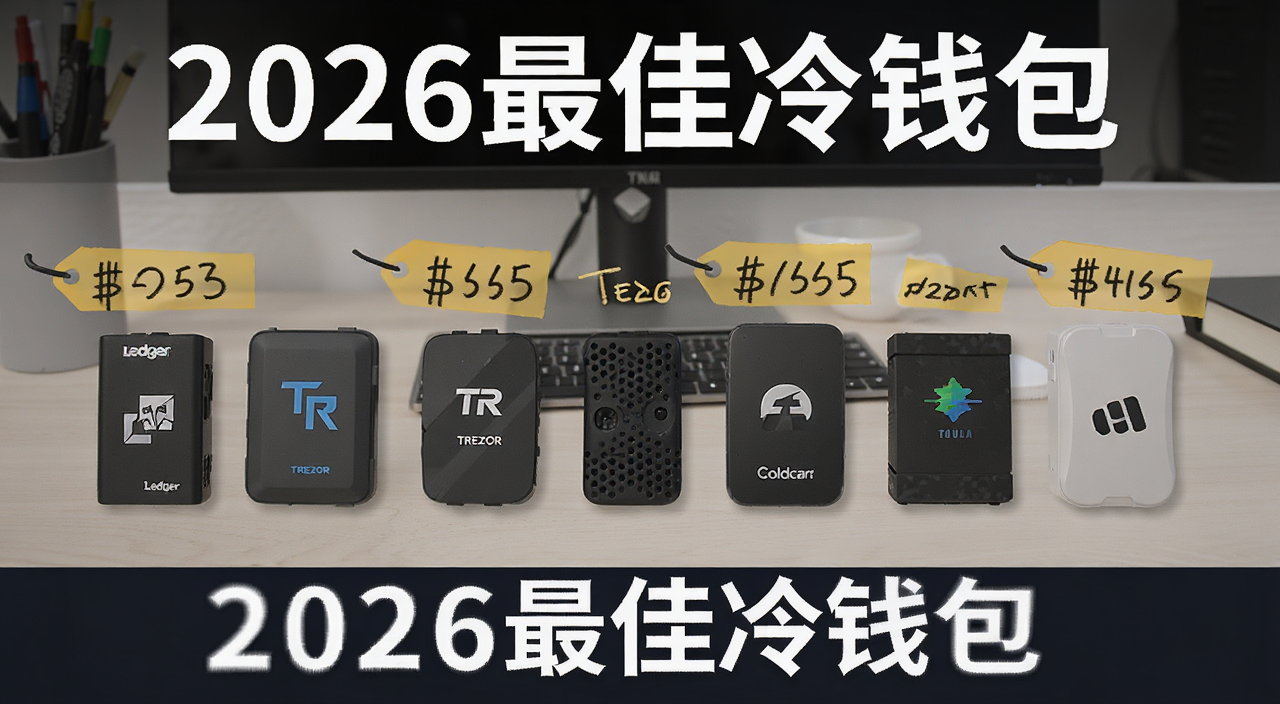 2026年冷钱包推荐产品全家福,展示Ledger、Trezor、Coldcard等硬件设备排列,旁边标注价格标签和“2026最佳冷钱包”字样
