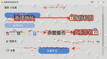 加密货币钱包安全设置界面截图,包含新地址生成、私钥备份、多重签名等关键词,图中用中文标注“新建地址”“备份私钥”“多重签名”