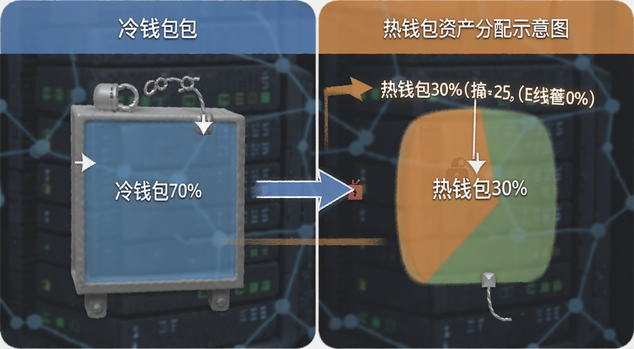 冷钱包和热钱包资产分配比例示意图,图中标注“冷钱包70%”“热钱包30%”等文字