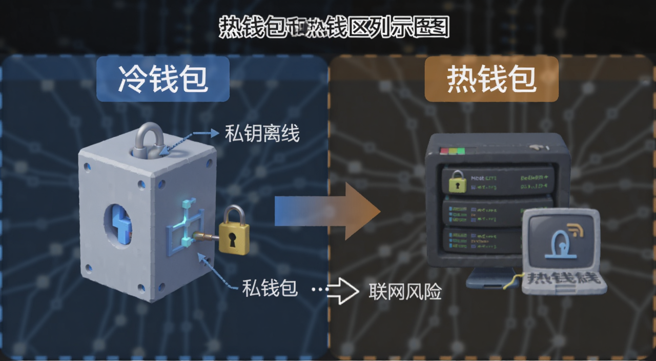 冷钱包和热钱包区别对比示意图,图中标注“冷钱包”“热钱包”“私钥离线”“联网风险”等文字