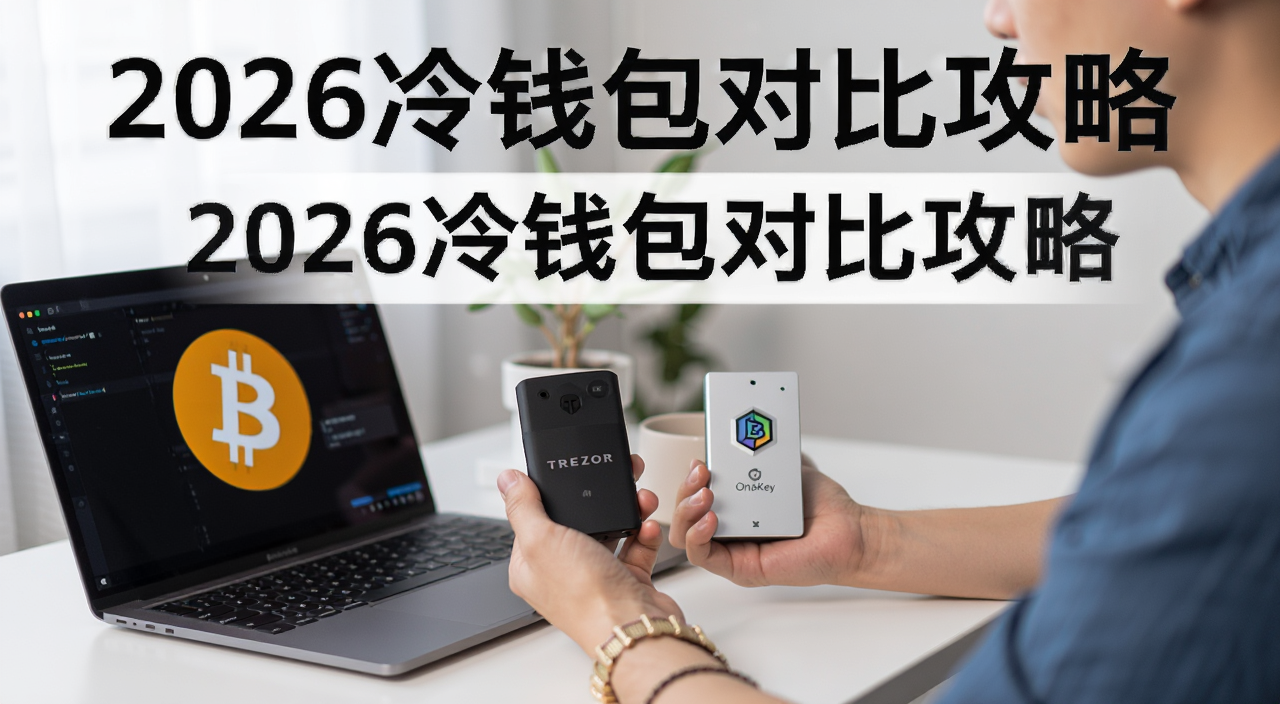 一个人坐在桌前对比两个冷钱包设备 Trezor和OneKey 旁边有笔记本电脑和比特币标志 文字标注2026冷钱包对比攻略