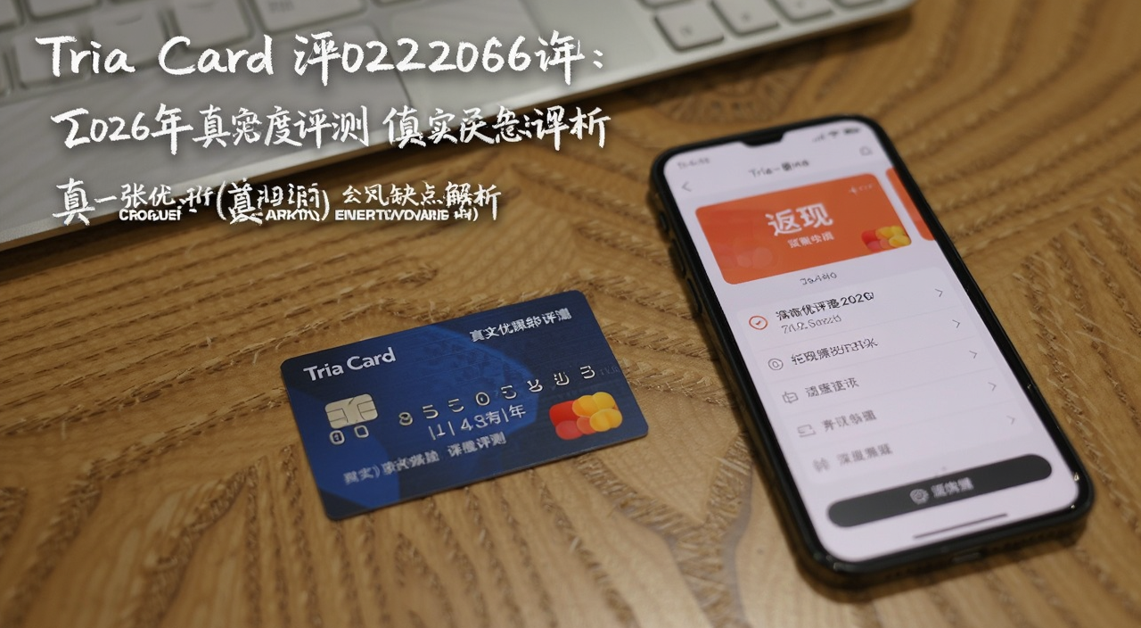 Tria Card 2026年深度评测:真实优缺点解析,一张银行卡放在桌面上旁边有手机显示返现界面,文字标注Tria Card评测