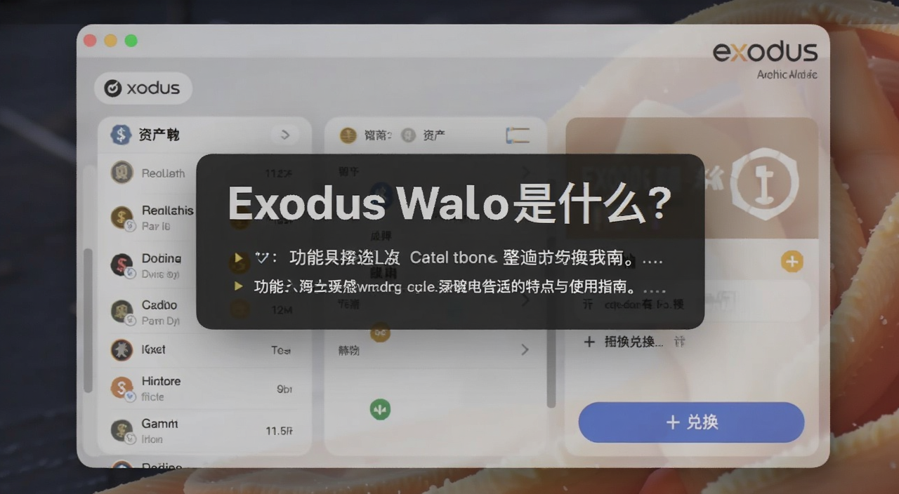 Exodus钱包界面展示,包含多币种资产列表和兑换功能按钮,画面中央用文字标注Exodus钱包是什么?功能、特点与使用指南
