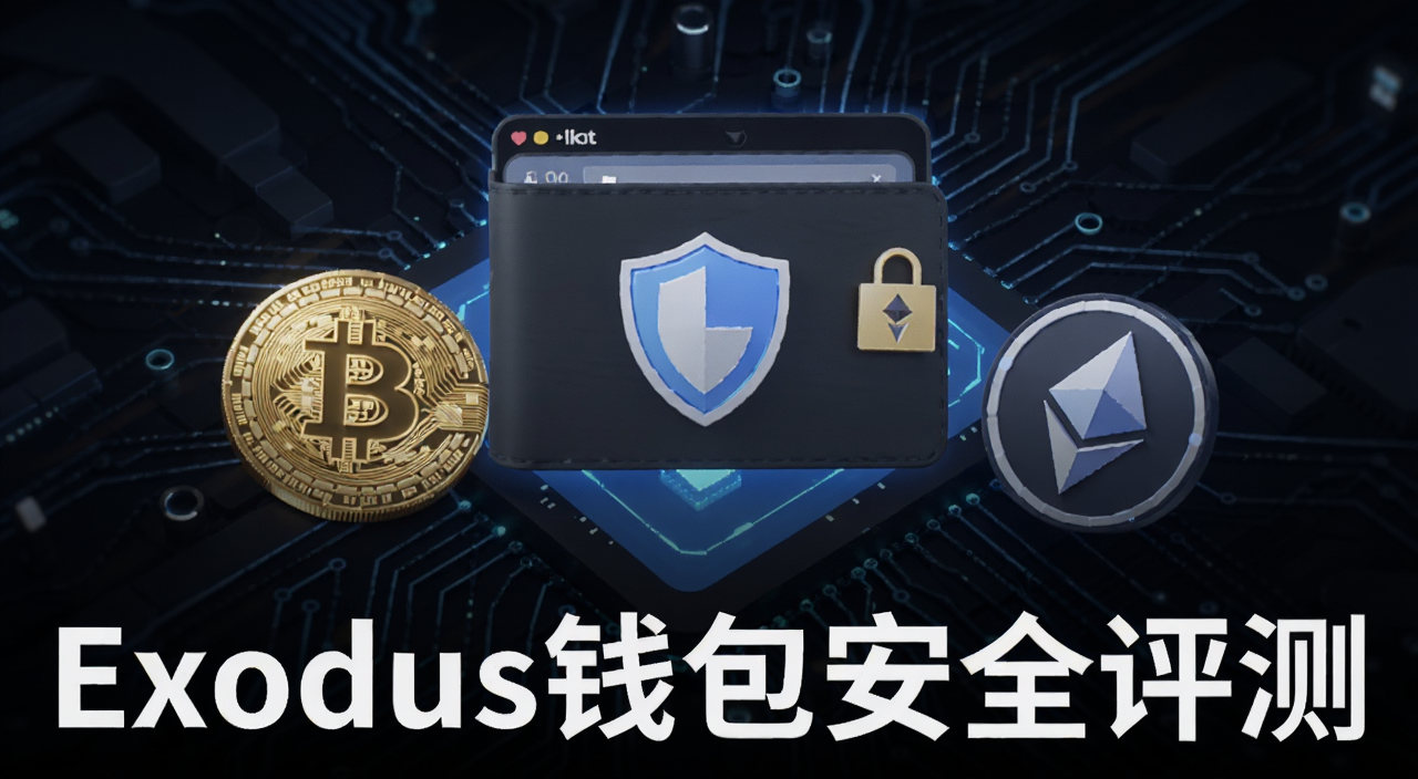 Exodus钱包安全评测配图,画面中央是一个带盾牌图标的数字钱包界面,旁边散落着比特币和以太坊的图标,背景是暗色科技风,突出安全防护主题,图片下方用文字标注“Exodus钱包安全评测”