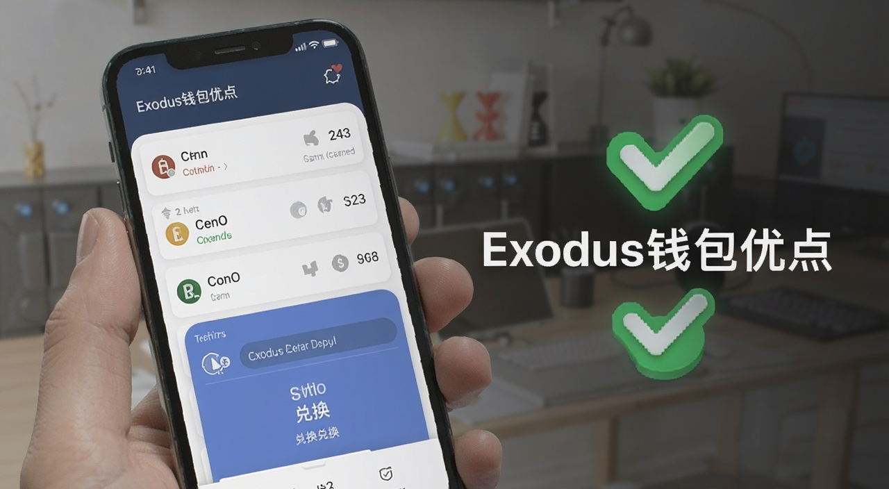 Exodus钱包优点展示配图,手机屏幕上显示多币种资产列表和兑换界面,旁边有绿色对勾图标,文字标注“Exodus钱包优点”