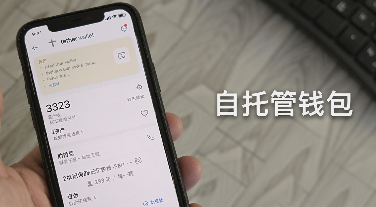 一张展示tether.wallet自托管钱包界面截图,手机屏幕上显示资产总览和助记词备份提醒,旁边有“自托管钱包”文字标注