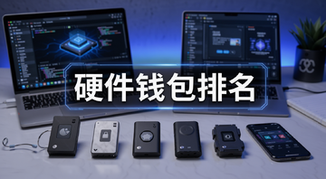 2026年十大加密货币硬件钱包评测排名推荐场景图,画面中展示多款硬件钱包排列在桌面上,旁边有笔记本电脑和手机,整体风格科技感十足,图片中央用文字标注“硬件钱包排名”字样