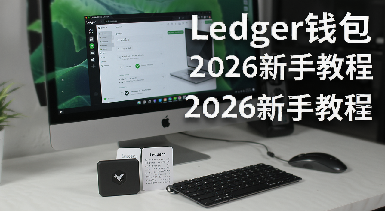 2026最新Ledger钱包新手设置使用教程,桌面放着Ledger硬件钱包和助记词卡片,旁边是电脑屏幕显示Ledger Live界面,文字注明“Ledger钱包”“2026新手教程”