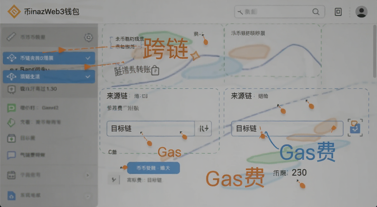 币安Web3钱包跨链转账界面,图中标注“跨链”“来源链”“目标链”“Gas费”等文字