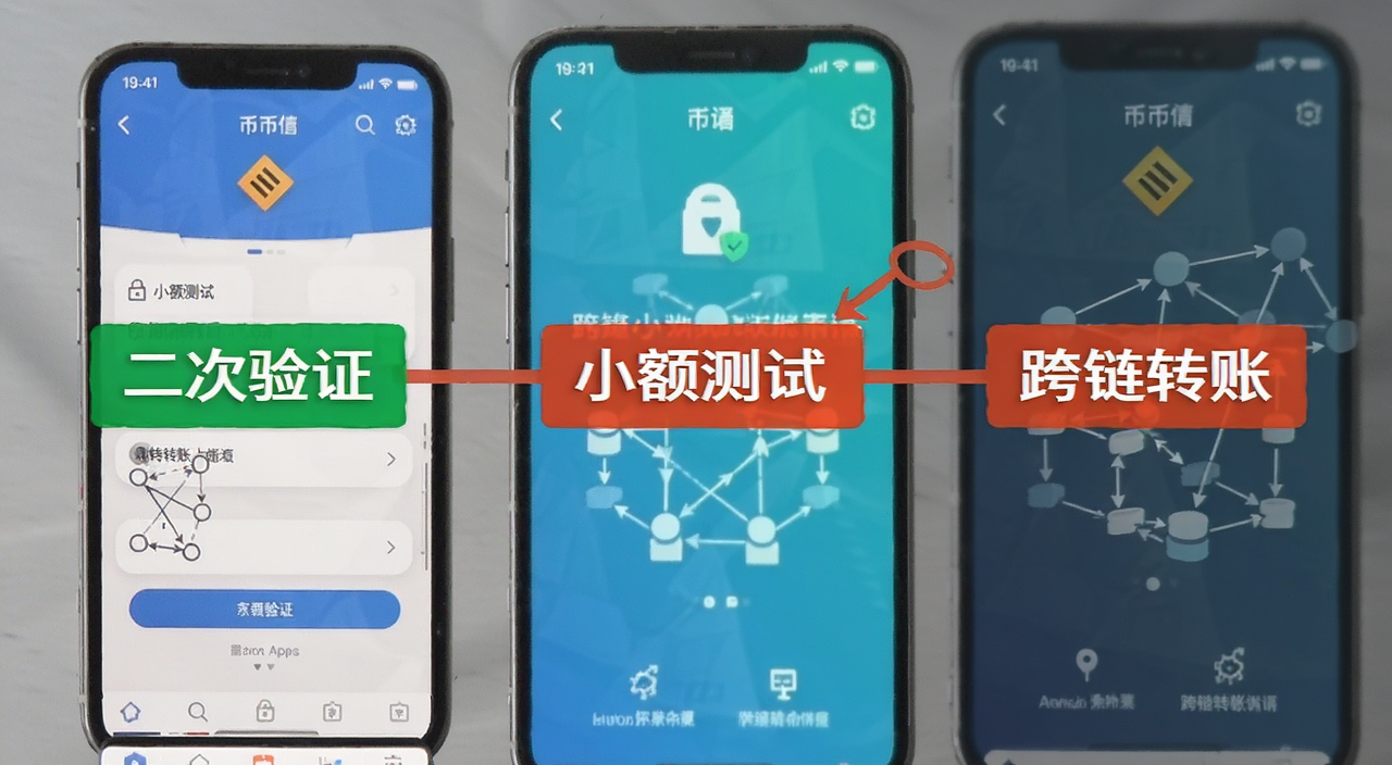 币安App新手操作界面,图中标注“二次验证”“小额测试”“跨链转账”等提示文字