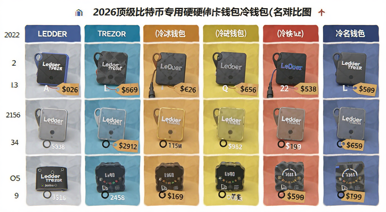 2026顶级比特币专用的硬体钱包冷钱包十大排名对比图,图中包含Ledger Trezor 冷钱包实物和价格标签文字