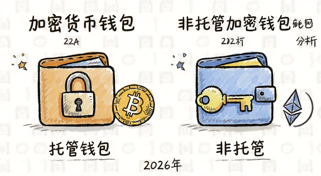 什么是加密货币钱包 托管与非托管加密钱包对比分析 2026年 手绘风格 两个钱包图标 一个带锁一个带钥匙 旁边有比特币以太坊标志 文字标注托管钱包和非托管钱包