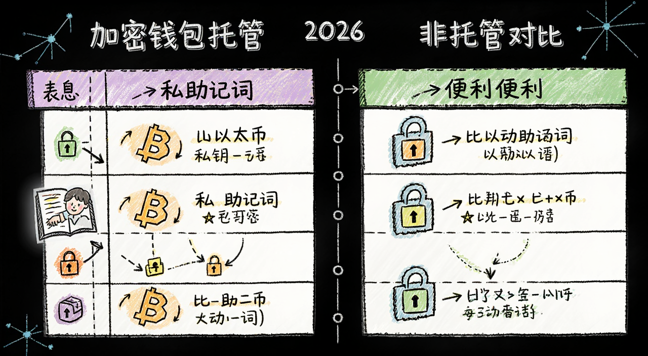 加密钱包托管与非托管对比 表格 2026 比特币 以太坊 私钥 助记词 安全 便利 手绘信息图