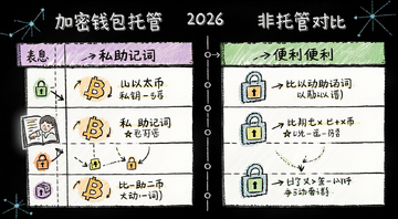 加密钱包托管与非托管对比 表格 2026 比特币 以太坊 私钥 助记词 安全 便利 手绘信息图