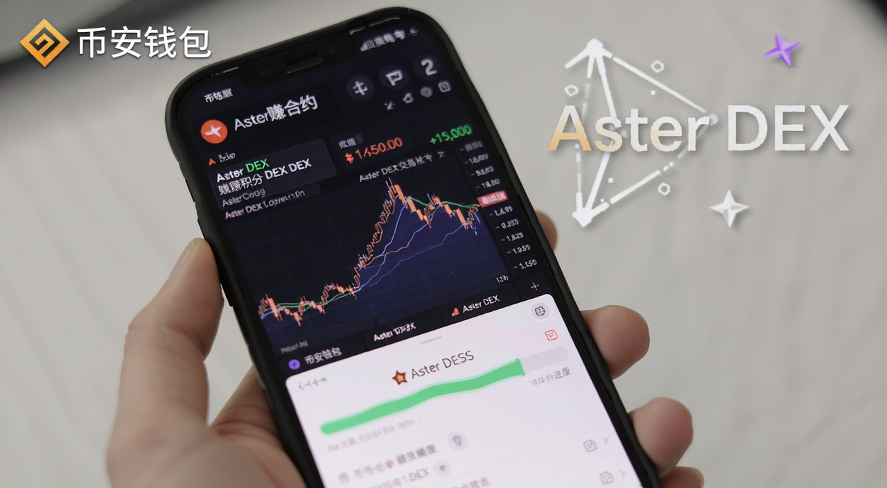 币安钱包永续合约怎么玩 Aster DEX交易赚积分全攻略 手机屏幕显示永续合约交易界面和积分进度条 文字注明“币安钱包”“Aster DEX”