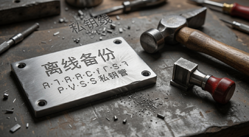 一张展示金属助记词板刻字过程的图片,旁边有锤子和钢印,文字标注“离线备份”,关键词包含私钥保管