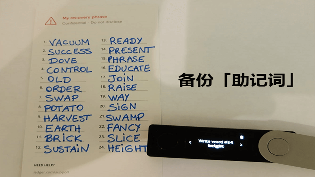 冷钱包助记词手写抄写本特写,关键词包含冷钱包助记词备份