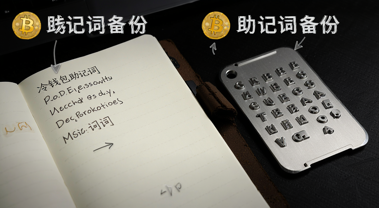 一张展示冷钱包助记词抄写在本子上的场景图,旁边放着金属助记词板,画面有数字货币符号,文字标注“助记词备份”,关键词包含冷钱包助记词备份