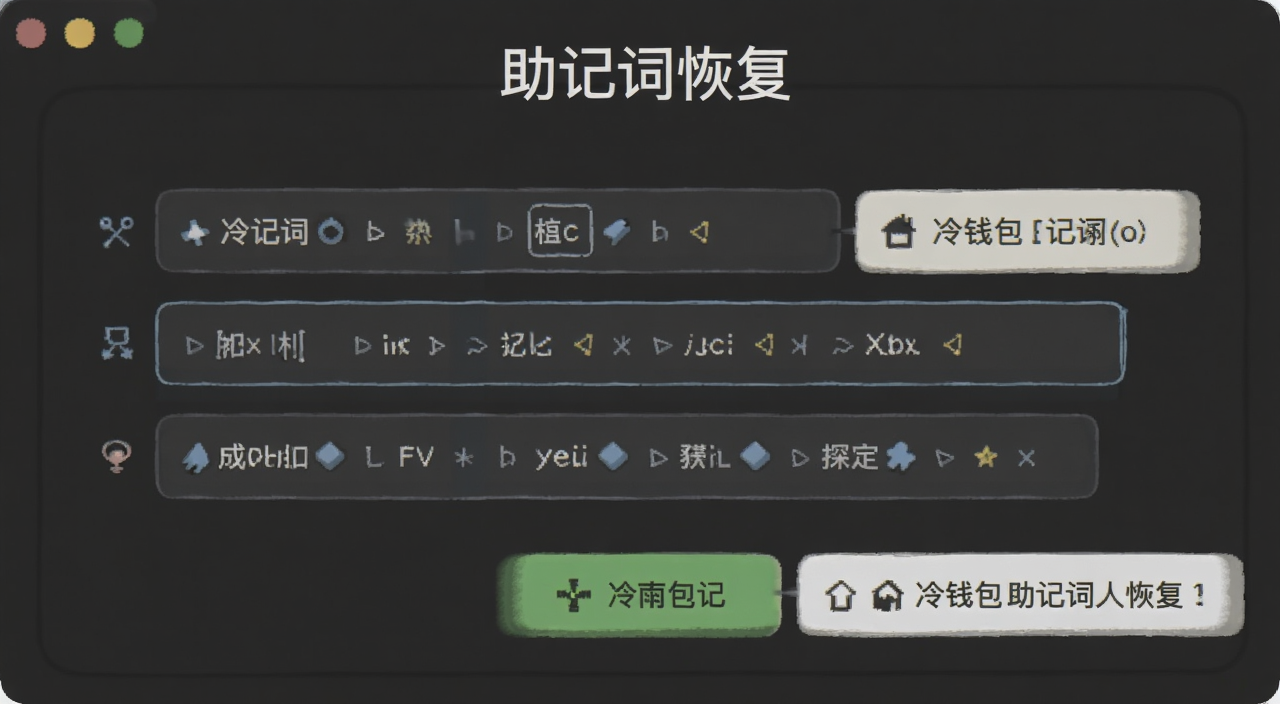 一张展示冷钱包恢复助记词界面的示意图,画面有单词输入框,文字标注“助记词恢复”,关键词包含冷钱包助记词恢复