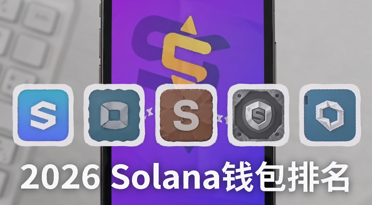 Solana钱包排名前5推荐与选择指南,画面中展示五个不同风格的钱包图标排列在手机屏幕上,背景是Solana标志性的紫色渐变,文字标注“2026 Solana钱包排名”