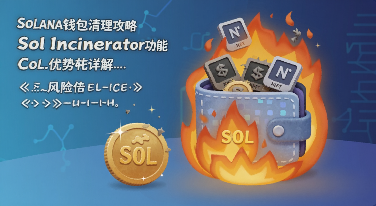 Solana钱包清理攻略 Sol Incinerator功能风险优势详解,插画风格展示一个数字钱包正在用火焰烧掉垃圾账户和NFT,旁边有SOL代币符号,文字注明Sol Incinerator