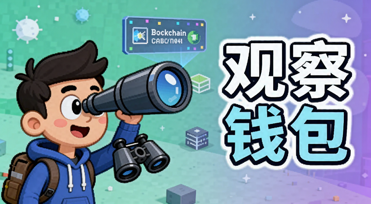 观察钱包Watch-only新手教程封面图,画面中一个卡通人物拿着望远镜看着区块链上的钱包地址,旁边有文字标注“观察钱包”四个字,观察钱包