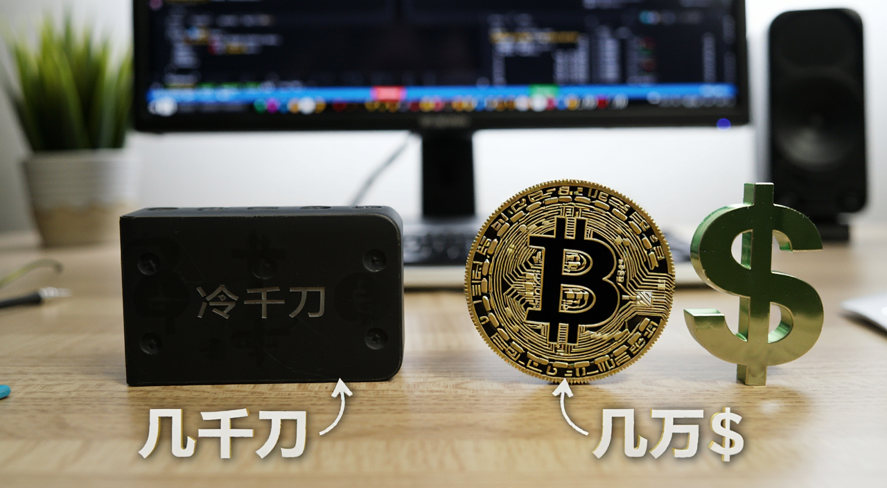 新手持币多少才值得买冷钱包 从几千刀到几万刀的门槛分析 一个冷钱包放在桌上旁边有比特币和美元符号对比 文字标注几千刀和几万刀