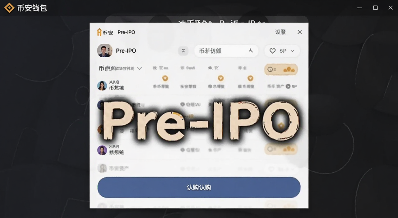 币安钱包Pre-IPO资产界面截图,展示Pre-IPO资产列表和认购按钮,文字标注“币安钱包”和“Pre-IPO”