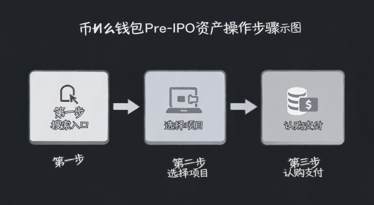 币安钱包Pre-IPO资产操作步骤示意图,标注“第一步 搜索入口”“第二步 选择项目”“第三步 认购支付”